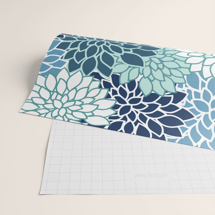 Dahlia Floral Blooms, Teal, Blue White Wrapping Paper Gallery Image 2