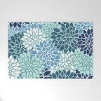 Dahlia Floral Blooms, Teal, Blue White Welcome Mat Gallery Image 1