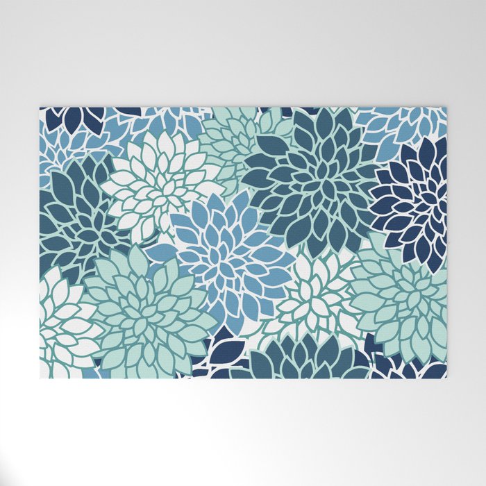 Dahlia Floral Blooms, Teal, Blue White Welcome Mat Gallery Image 1