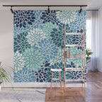 Dahlia Floral Blooms, Teal, Blue White Wall Mural Gallery Image 1
