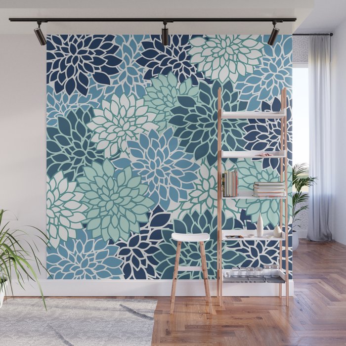 Dahlia Floral Blooms, Teal, Blue White Wall Mural Gallery Image 1