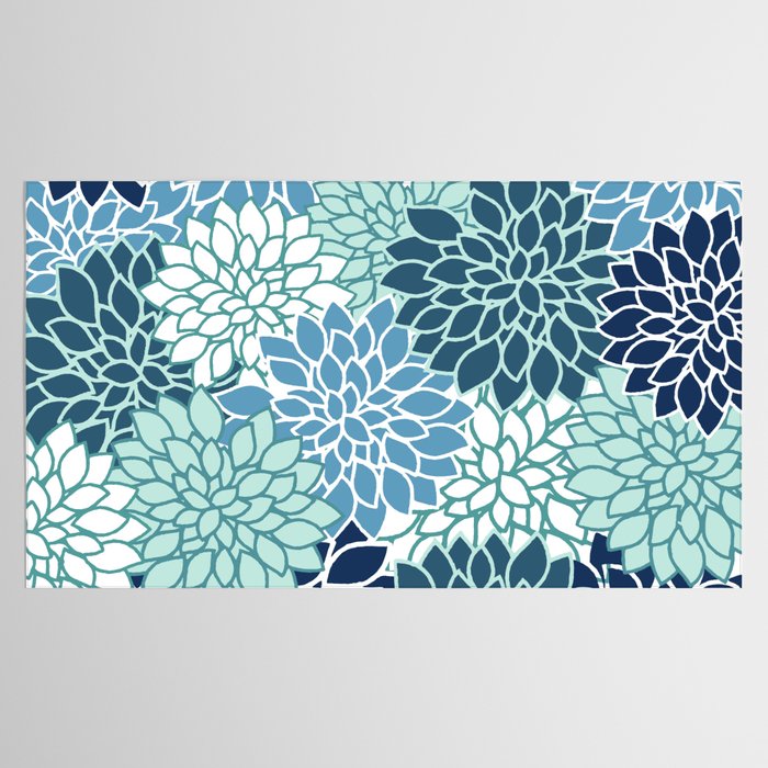 Dahlia Floral Blooms, Teal, Blue White Tablecloth Gallery Image 2