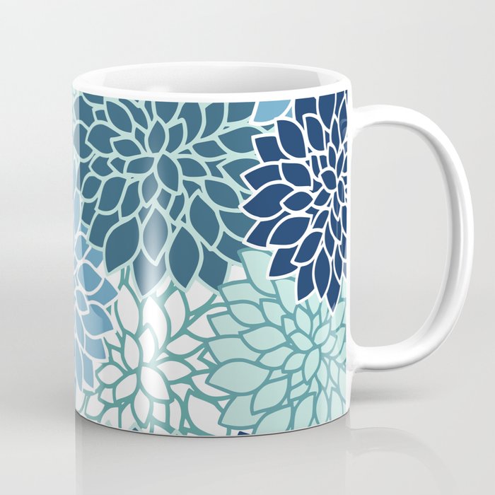 Dahlia Floral Blooms, Teal, Blue White Coffee Mug Gallery Image 1