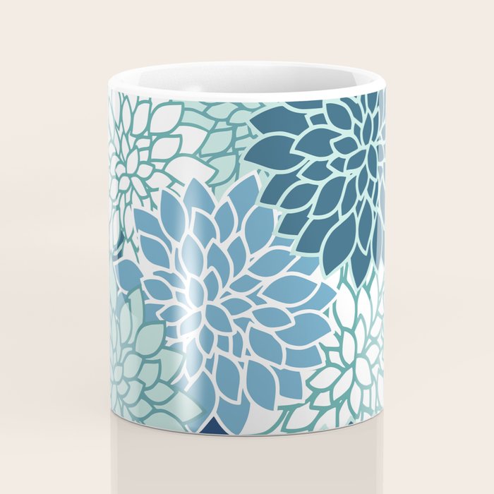 Dahlia Floral Blooms, Teal, Blue White Coffee Mug Gallery Image 4