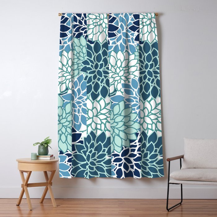 Dahlia Floral Blooms, Teal, Blue White Window Curtain Gallery Image 5