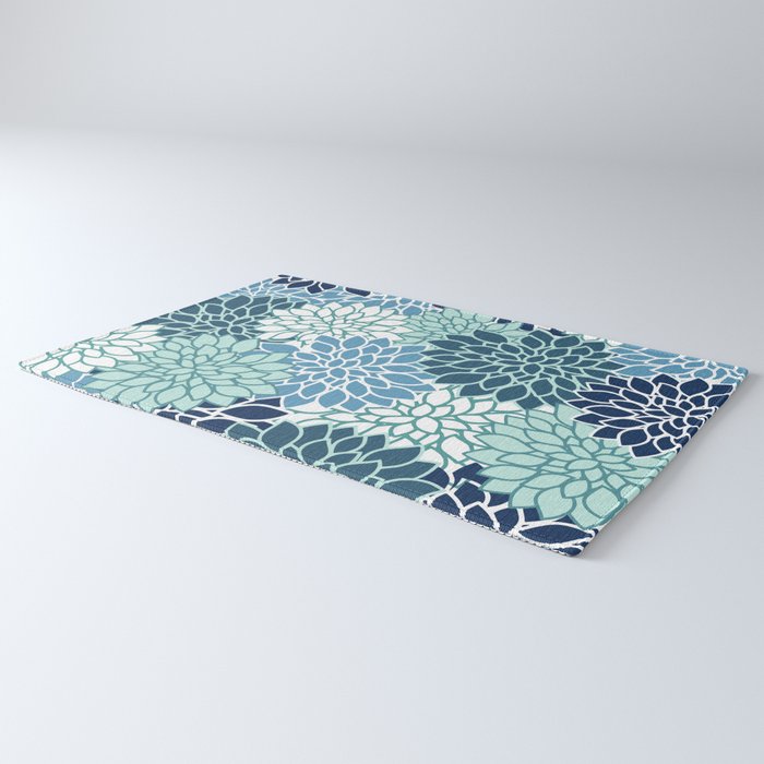 Dahlia Floral Blooms, Teal, Blue White Rug Gallery Image 3