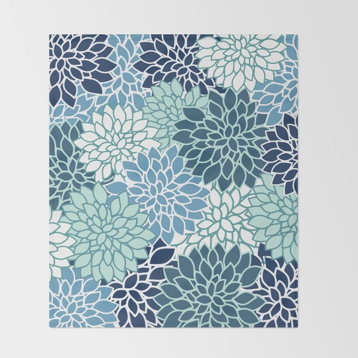 Dahlia Floral Blooms, Teal, Blue White Throw Blanket Gallery Image 2