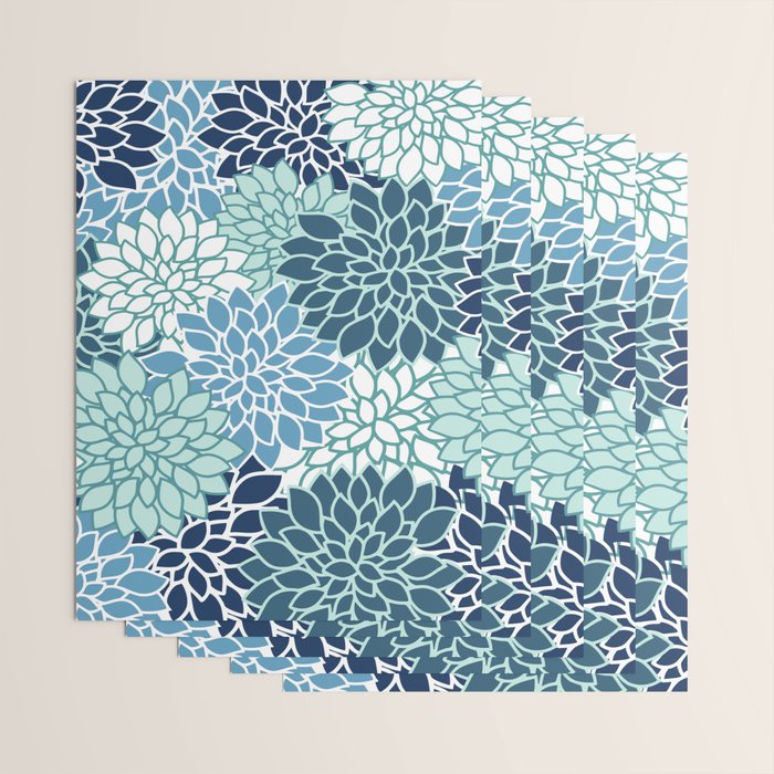 Dahlia Floral Blooms, Teal, Blue White Wrapping Paper Gallery Image 3