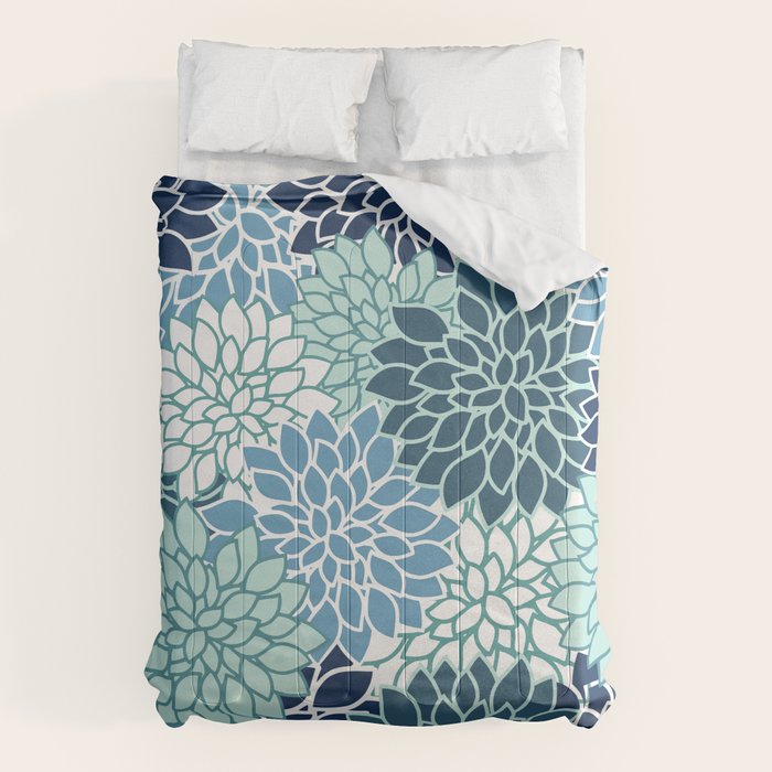 Dahlia Floral Blooms, Teal, Blue White Comforter Gallery Image 6