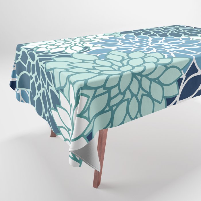 Dahlia Floral Blooms, Teal, Blue White Tablecloth Gallery Image 1