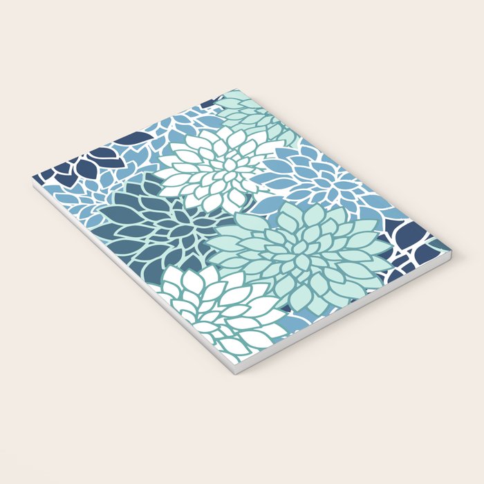 Dahlia Floral Blooms, Teal, Blue White Notebook Gallery Image 3