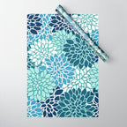 Dahlia Floral Blooms, Teal, Blue White Wrapping Paper Gallery Image 1