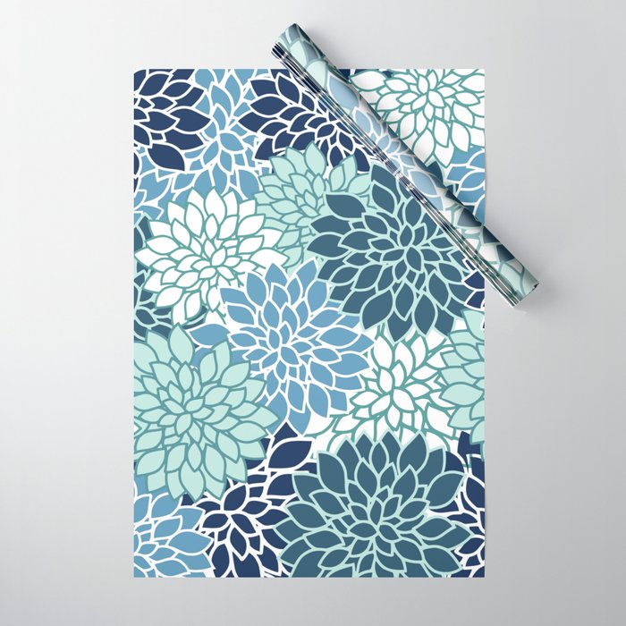 Dahlia Floral Blooms, Teal, Blue White Wrapping Paper Gallery Image 1