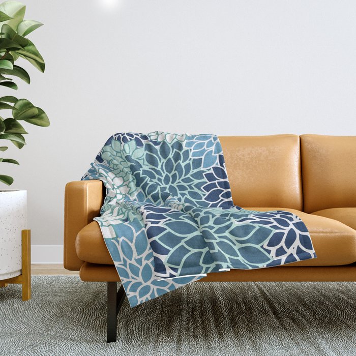 Dahlia Floral Blooms, Teal, Blue White Throw Blanket Gallery Image 1