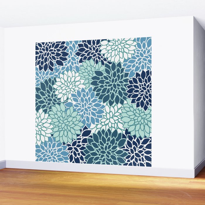 Dahlia Floral Blooms, Teal, Blue White Wall Mural Gallery Image 2