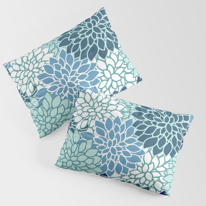 Dahlia Floral Blooms, Teal, Blue White Pillow Sham Gallery Image 1