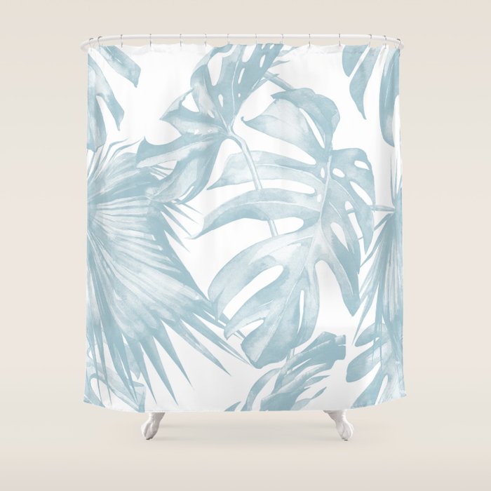 Blue Tropical Palm Leaves Print Shower Curtain Gallery Image 1