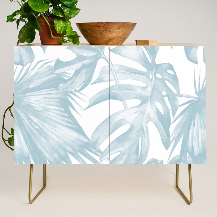 Blue Tropical Palm Leaves Print Credenza Gallery Image 1