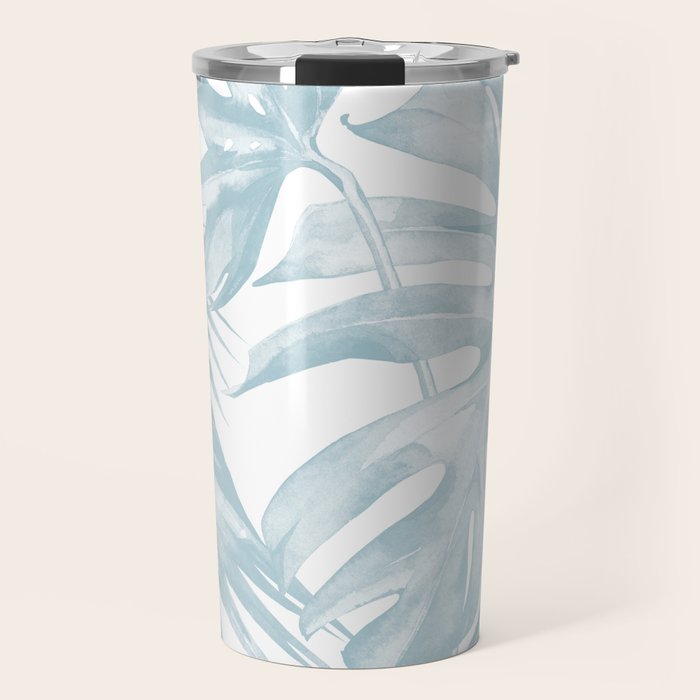 Blue Tropical Palm Leaves Print Travel Mug Gallery Image 1