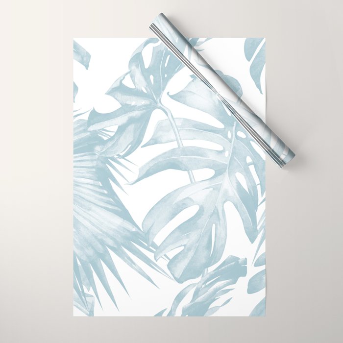 Blue Tropical Palm Leaves Print Wrapping Paper Gallery Image 1