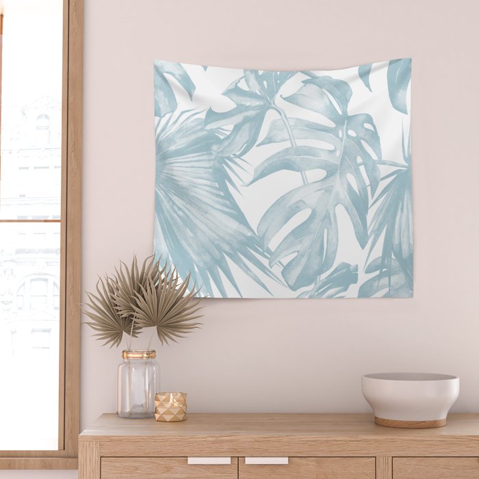 Blue Tropical Palm Leaves Print Wall Tapestry Gallery Image 2