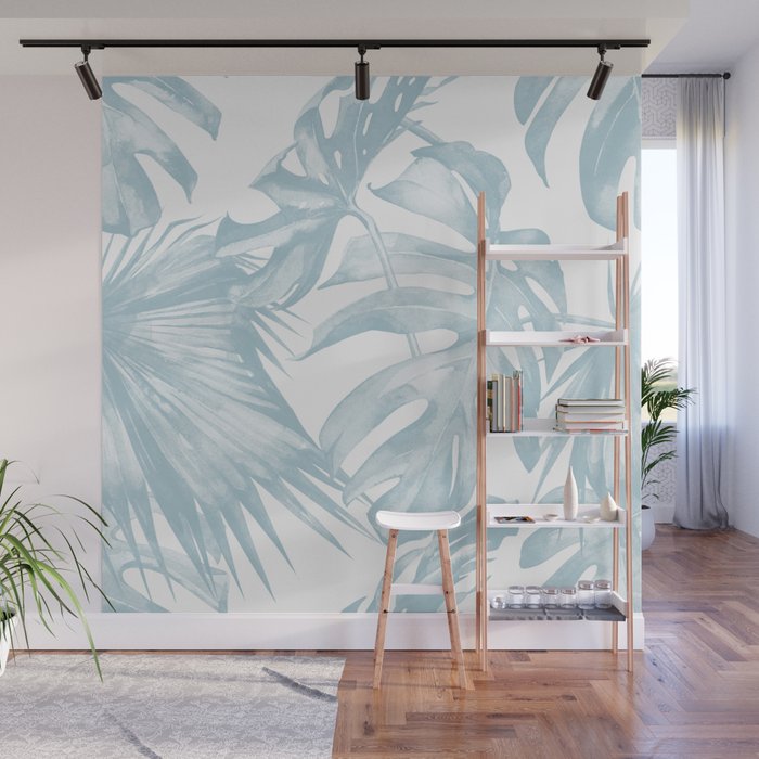 Blue Tropical Palm Leaves Print Wall Mural Gallery Image 1