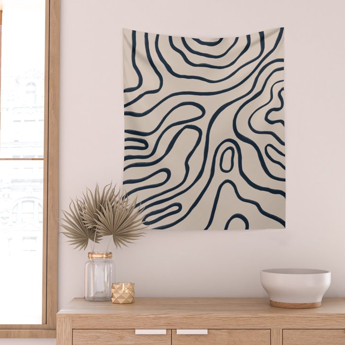 Topographic Map / Nude & Dark Blue Wall Tapestry Gallery Image 2