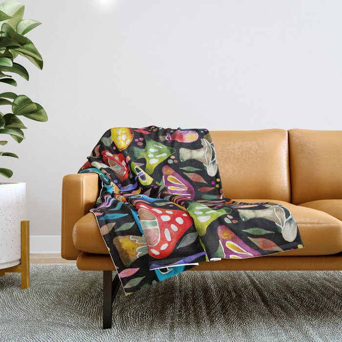 Mushroom Magic - Charcoal Throw Blanket Gallery Image 1