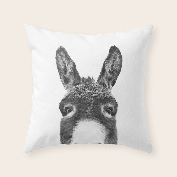 Hey Donkey BW Throw Pillow Gallery Image 1