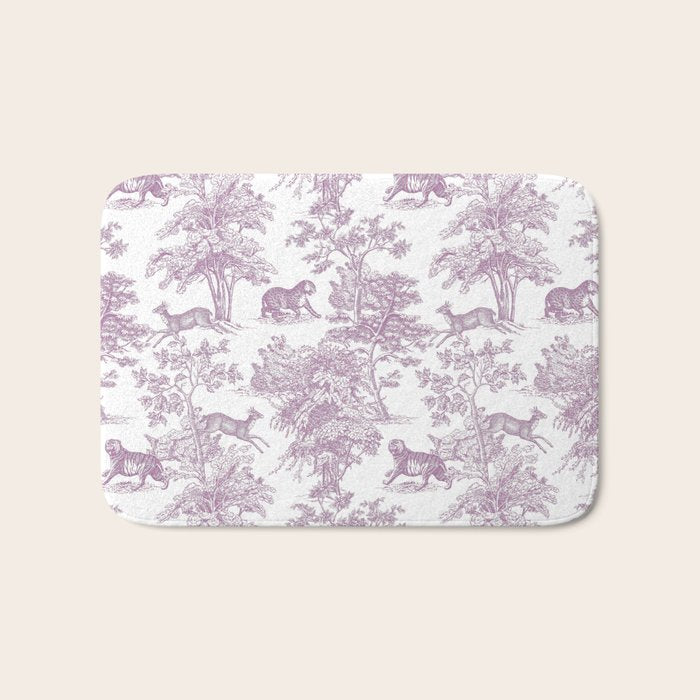 Toile de Jouy Vintage French Exotic Jungle Forest Lilac Blush & White Bath Mat Gallery Image 1