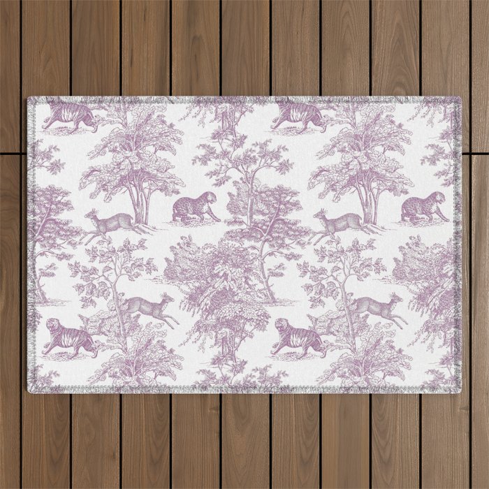Toile de Jouy Vintage French Exotic Jungle Forest Lilac Blush & White Outdoor Rug Gallery Image 1
