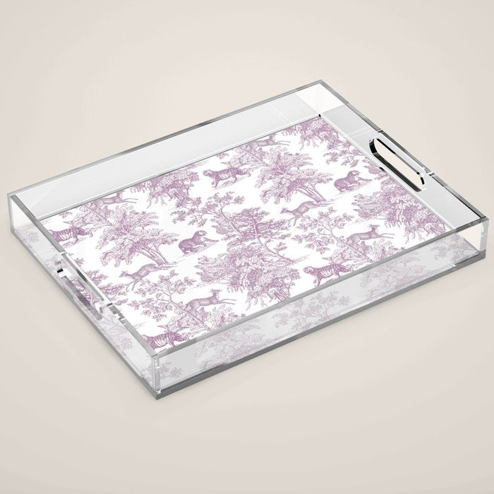 Toile de Jouy Vintage French Exotic Jungle Forest Lilac Blush & White Acrylic Tray Gallery Image 1