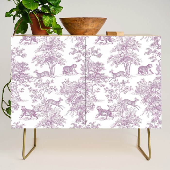 Toile de Jouy Vintage French Exotic Jungle Forest Lilac Blush & White Credenza Gallery Image 1