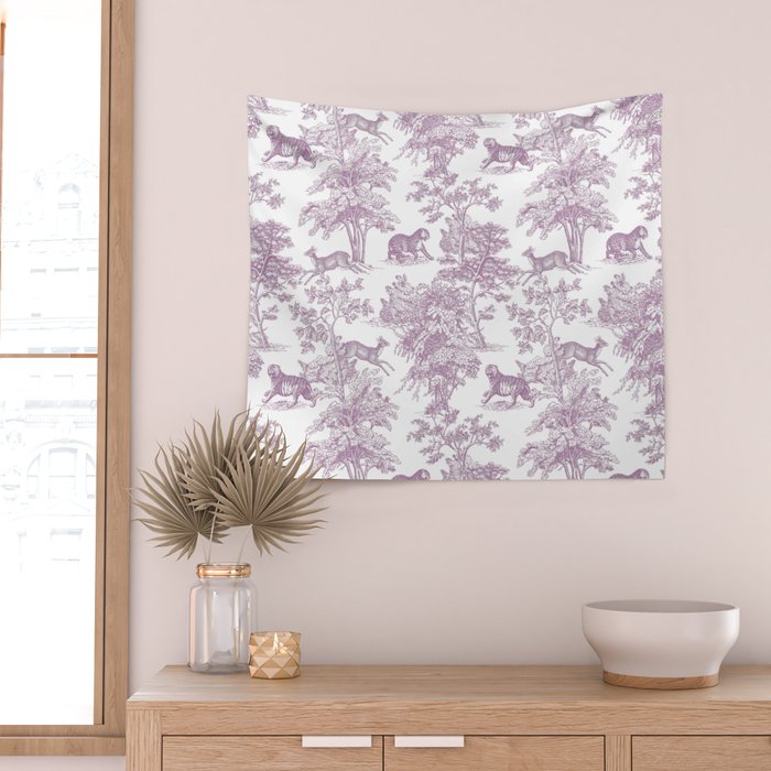 Toile de Jouy Vintage French Exotic Jungle Forest Lilac Blush & White Wall Tapestry Gallery Image 2