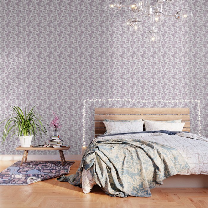 Toile de Jouy Vintage French Exotic Jungle Forest Lilac Blush & White Wallpaper Gallery Image 1