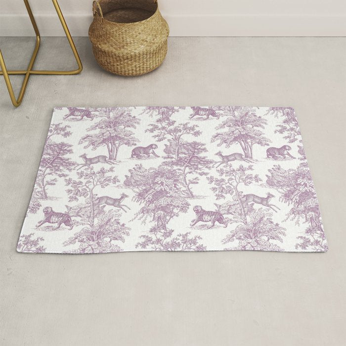 Toile de Jouy Vintage French Exotic Jungle Forest Lilac Blush & White Rug Gallery Image 1