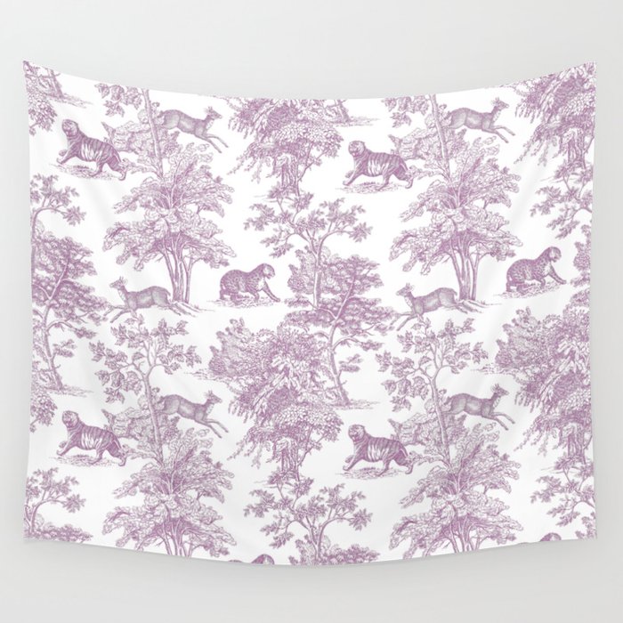Toile de Jouy Vintage French Exotic Jungle Forest Lilac Blush & White Wall Tapestry Gallery Image 4