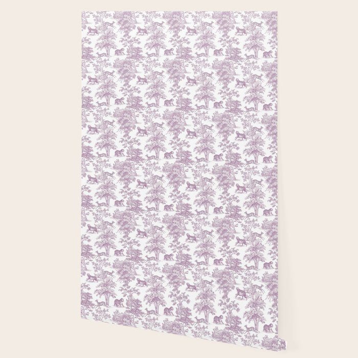 Toile de Jouy Vintage French Exotic Jungle Forest Lilac Blush & White Wallpaper Gallery Image 2