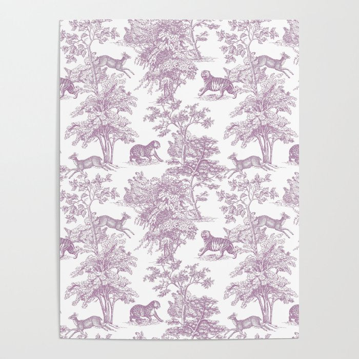 Toile de Jouy Vintage French Exotic Jungle Forest Lilac Blush & White Poster Gallery Image 4