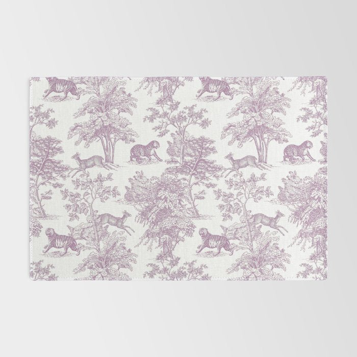 Toile de Jouy Vintage French Exotic Jungle Forest Lilac Blush & White Rug Gallery Image 2