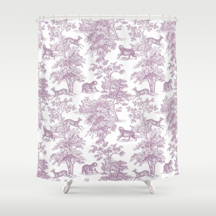 Toile de Jouy Vintage French Exotic Jungle Forest Lilac Blush & White Shower Curtain Gallery Image 1