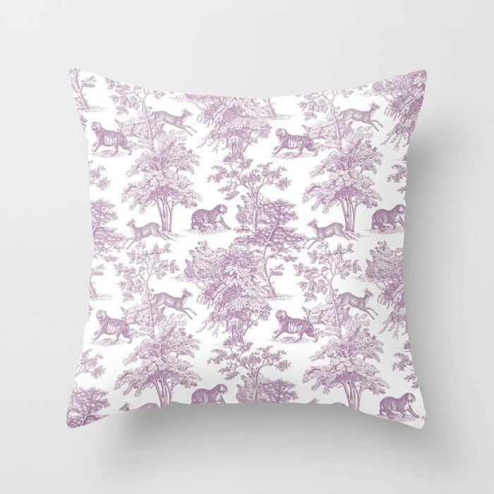 Toile de Jouy Vintage French Exotic Jungle Forest Lilac Blush & White Throw Pillow Gallery Image 1