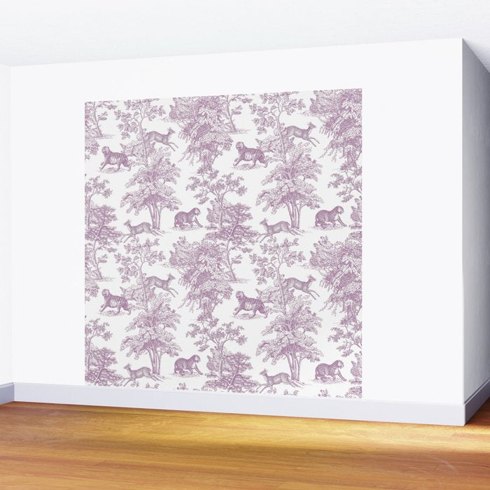 Toile de Jouy Vintage French Exotic Jungle Forest Lilac Blush & White Wall Mural Gallery Image 2