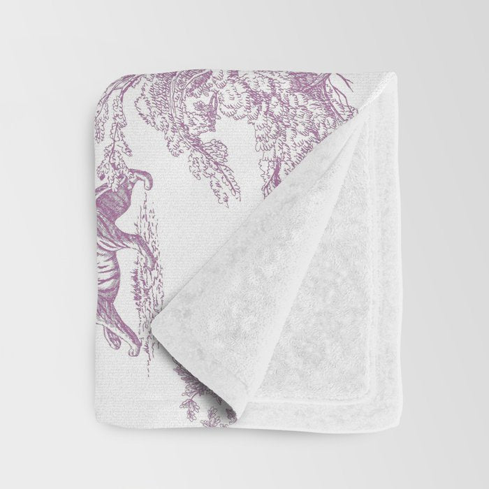 Toile de Jouy Vintage French Exotic Jungle Forest Lilac Blush & White Throw Blanket Gallery Image 3