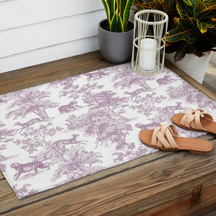 Toile de Jouy Vintage French Exotic Jungle Forest Lilac Blush & White Outdoor Rug Gallery Image 2