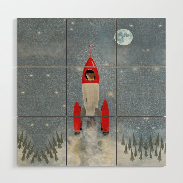 fox goes to the moon Wood Wall Art Gallery Image 1