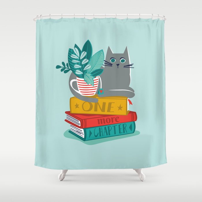 One more chapter // aqua background grey cat striped mug with plants red green and yellow books  Shower Curtain Gallery Image 1