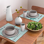 One more chapter // aqua background grey cat striped mug with plants red green and yellow books  Placemat Gallery Image 2
