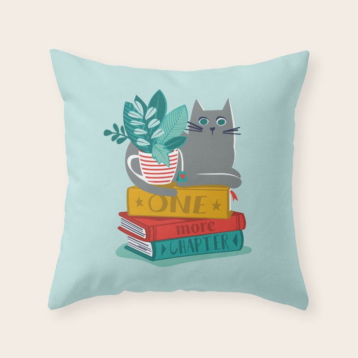 One more chapter // aqua background grey cat striped mug with plants red green and yellow books  Throw Pillow Gallery Image 1