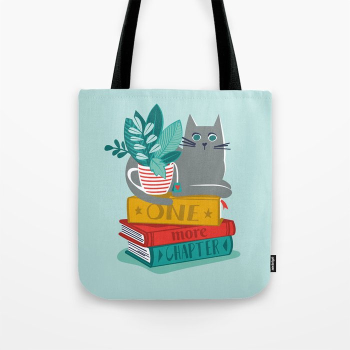 One more chapter // aqua background grey cat striped mug with plants red green and yellow books  Tote Bag Gallery Image 1